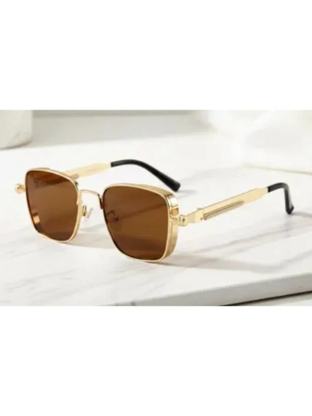 Retro Unisex Square Gold Metal Frame Sunglasses W/ Brown Tea Lenses Spring Hinge
